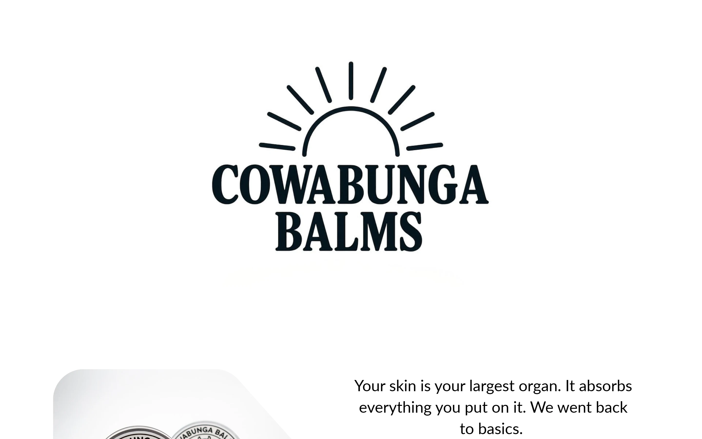 Cowabunga Balms landing page with product presentation and brand information