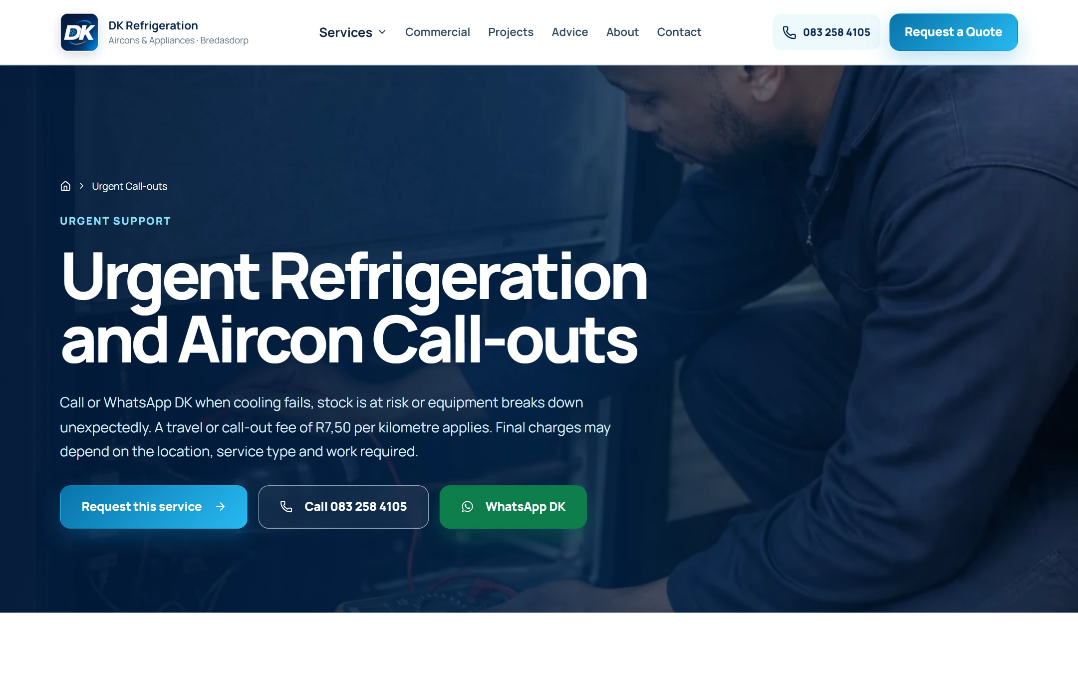 DK Refrigeration urgent-callout journey with direct mobile contact options