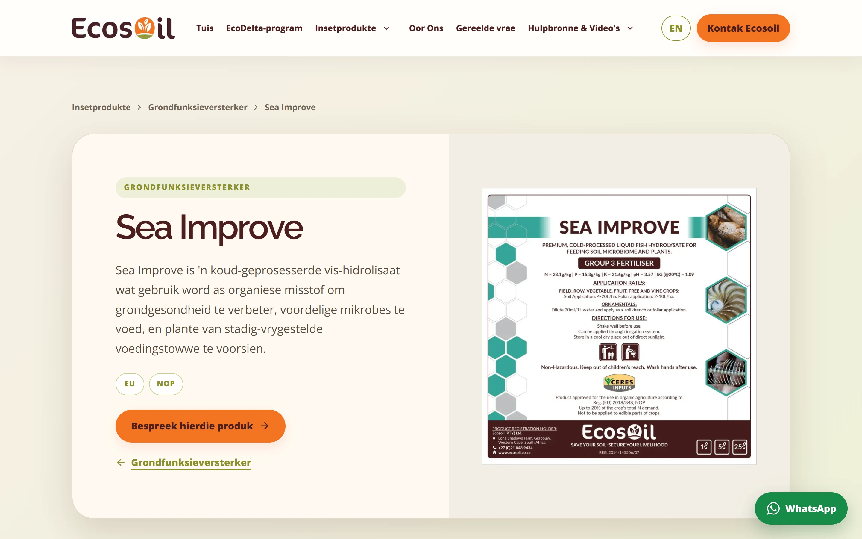 Ecosoil Sea Improve product information in Afrikaans with navigation to the English website
