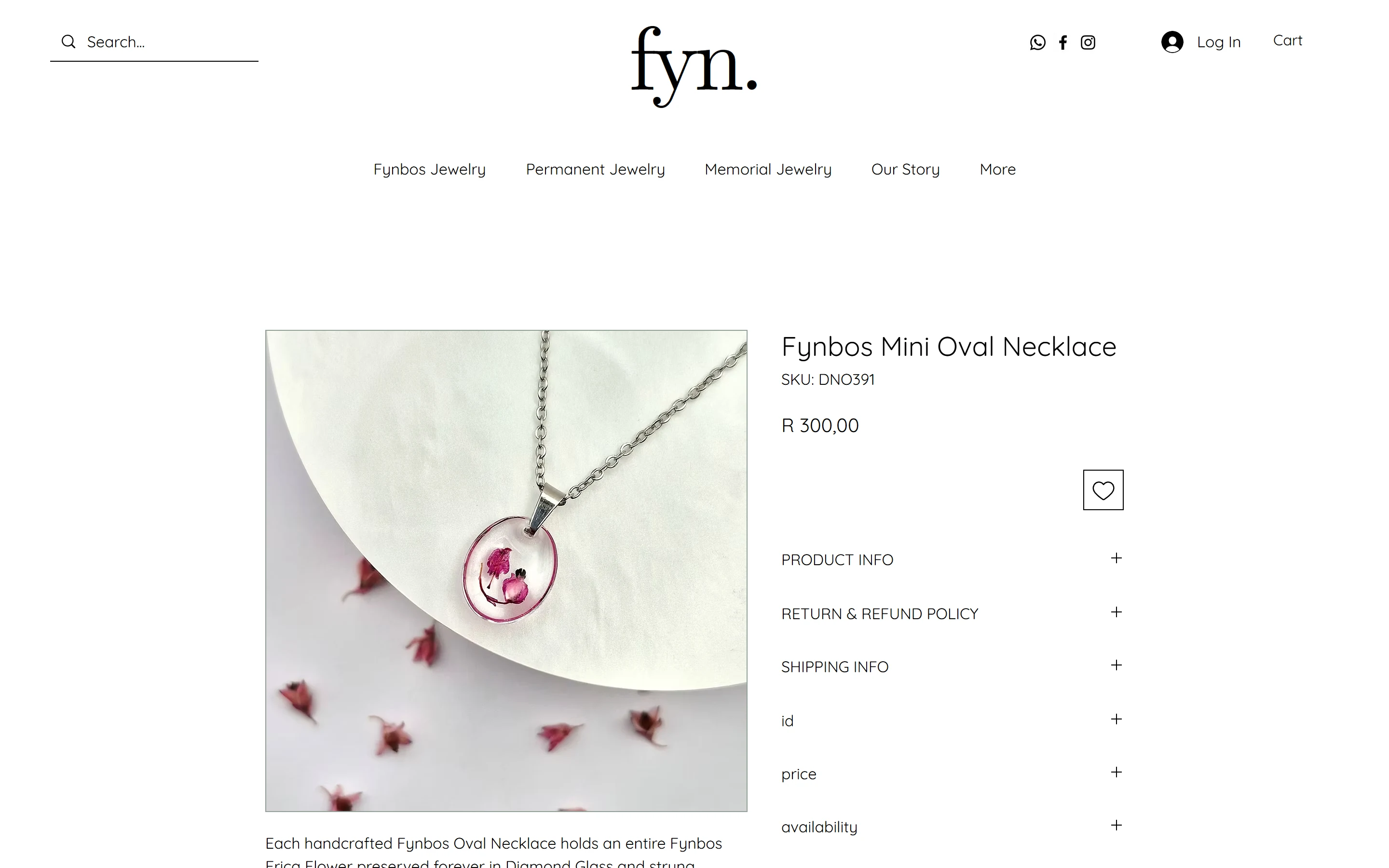 Fynbos Mini Oval Necklace product page with detailed jewelry imagery, product name, price and information controls