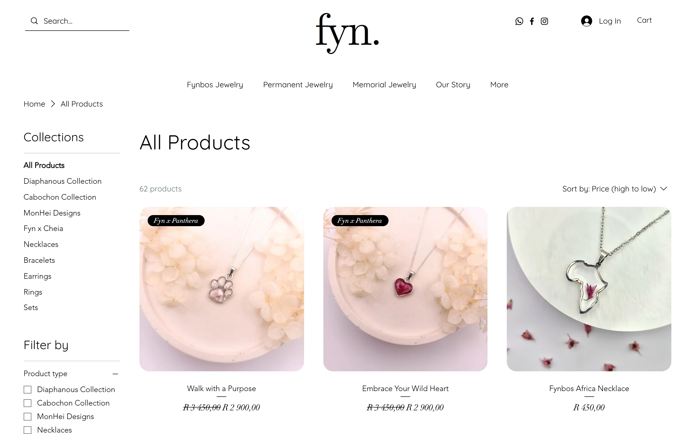 Fyn Jewelry collection showing handcrafted pieces, category choices and product availability