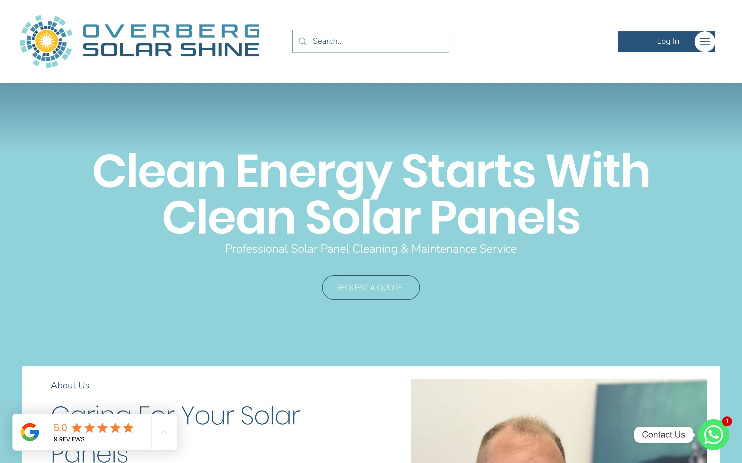 Overberg Solar Shine website introducing solar-panel cleaning and a quote route