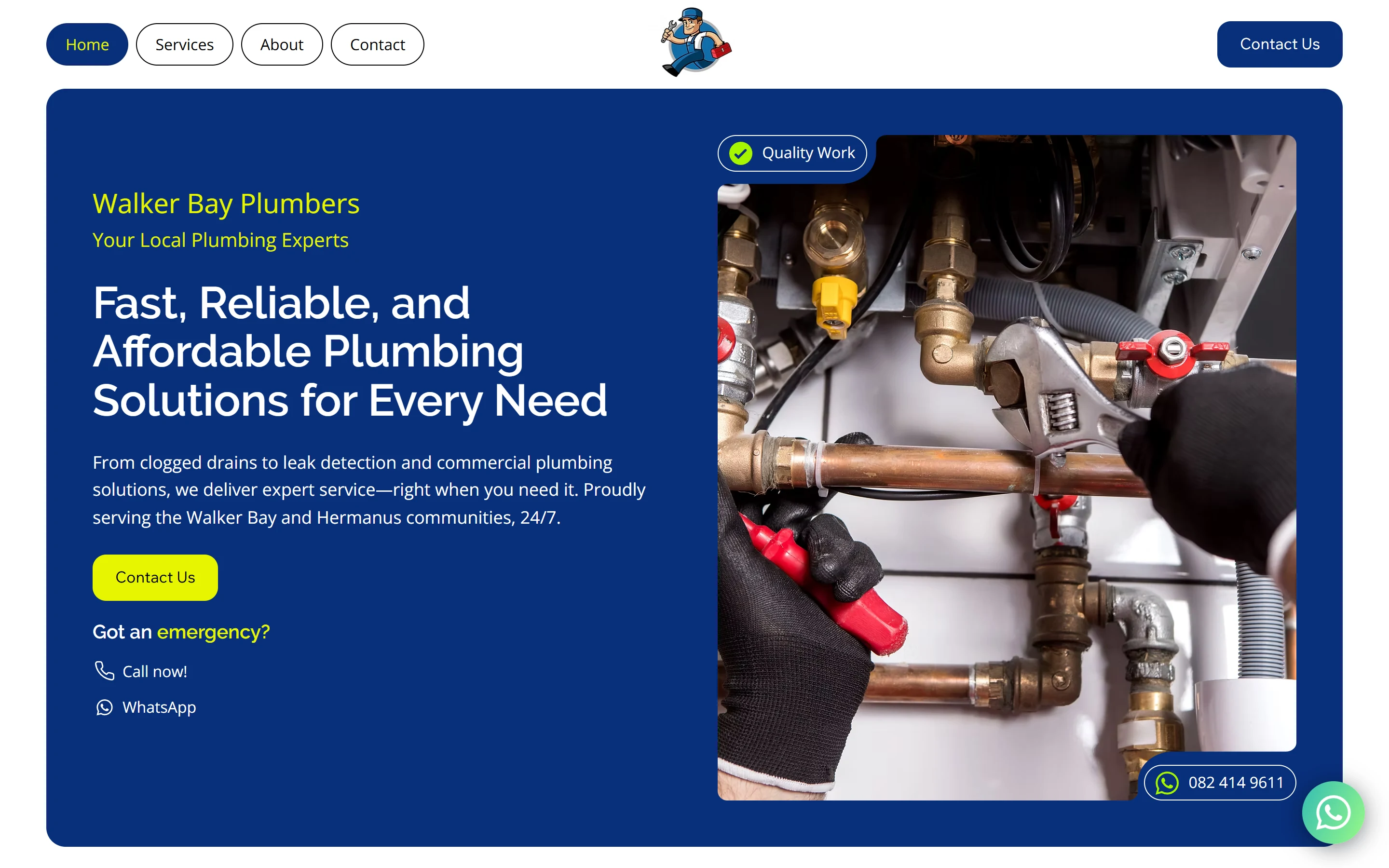 Walker Bay Plumbers public website with service information and direct contact choices